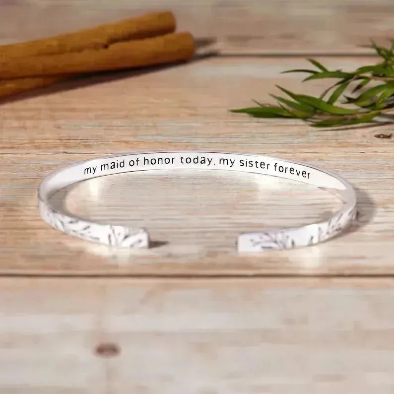 Custom Engraved Bridesmaid Bracelet – Personalized Sterling Silver Cuff