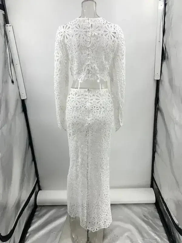 New hollow lace top + skirt two-piece set - Femstylo