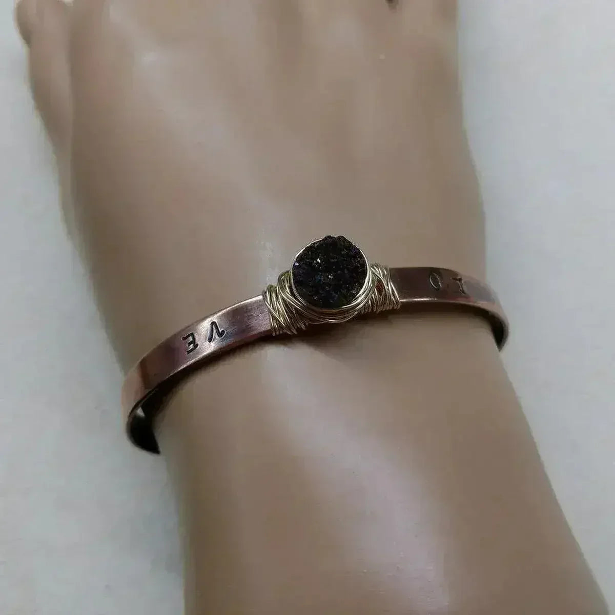 LOVE Stamped Gold Wire Wrapped Purple Druzy Copper Cuff - Femstylo