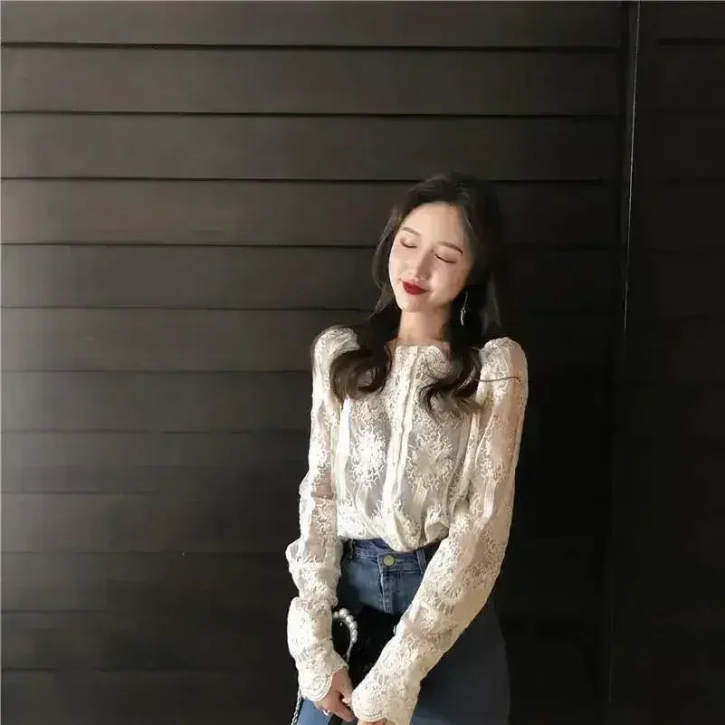Mesh Pearls Shirts Strapless Lace Long Sleeve Gauze Stitching Blouse - Femstylo