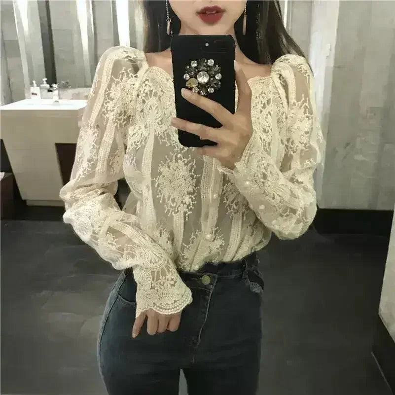 Mesh Pearls Shirts Strapless Lace Long Sleeve Gauze Stitching Blouse - Femstylo