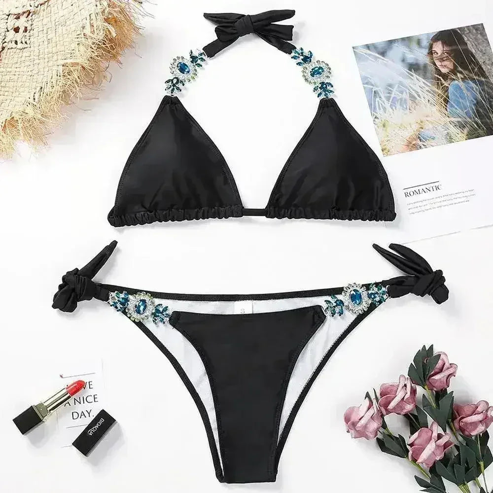 Jeweled Bikini Crochet Jewelry Bikini Set two pieces Swimsuit Crystal - Femstylo