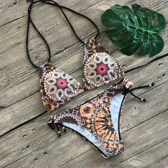 Two Piece Bikini Push Up Geometric Print Lace-up Thong Biikini Swim - Femstylo