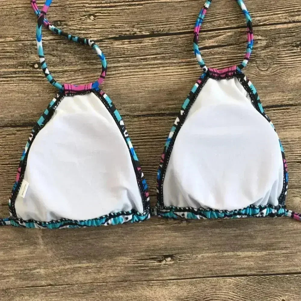 Two Piece Bikini Push Up Geometric Print Lace-up Thong Biikini Swim - Femstylo