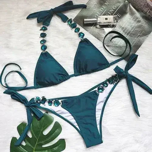 Bikini Sexy push up Crystal swimsuit female Halter swimwear women Knot - Femstylo