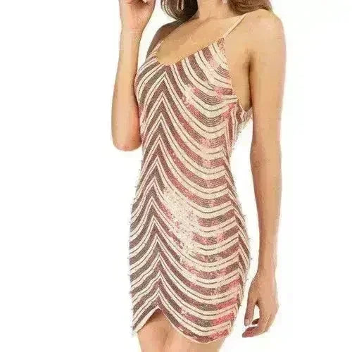 Sequin dress stretch sequin skirt open back beaded spaghetti strap - Femstylo