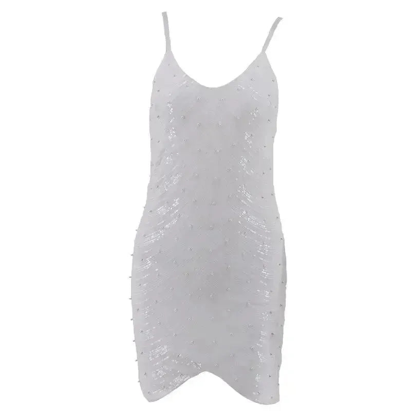 Sequin dress stretch sequin skirt open back beaded spaghetti strap