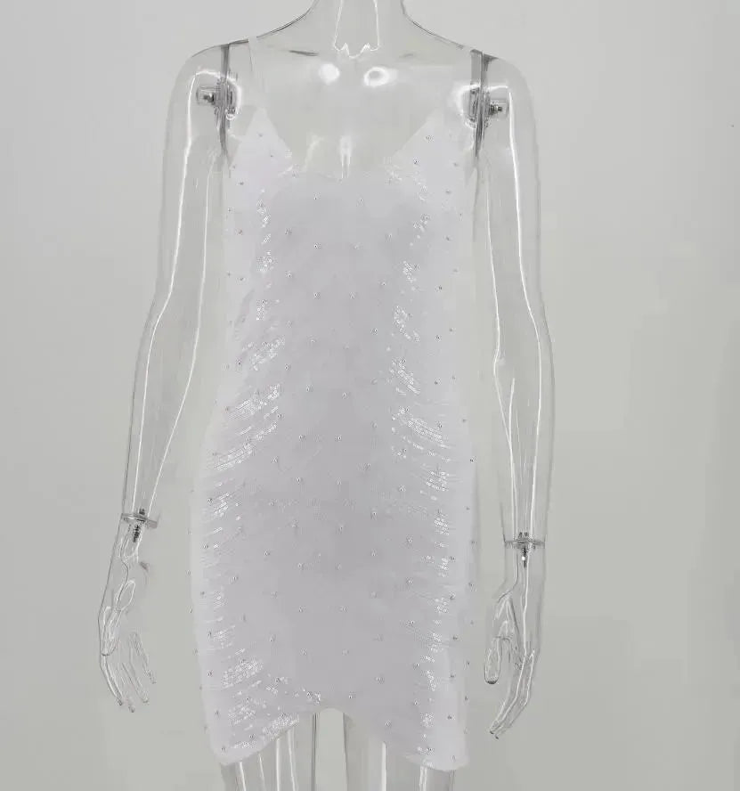 Sequin dress stretch sequin skirt open back beaded spaghetti strap