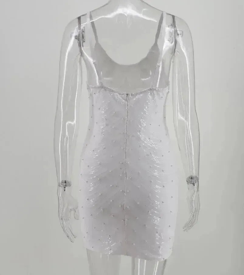 Sequin dress stretch sequin skirt open back beaded spaghetti strap