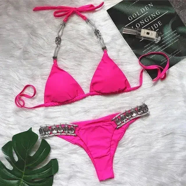 Bikini Sexy push up Crystal swimsuit female Halter swimwear women Knot - Femstylo