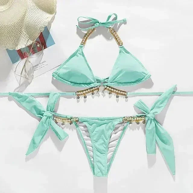 Diamond bikini Sexy push up halter swimsuit female crystal swimwear - Femstylo