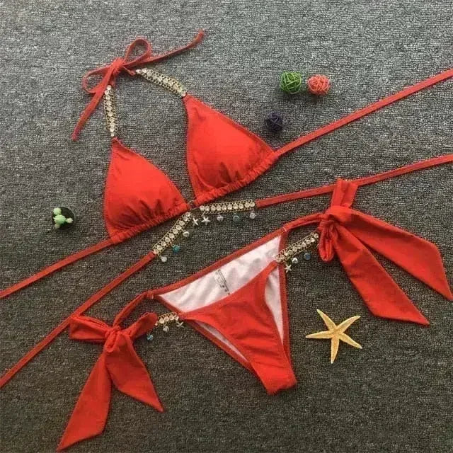 Diamond bikini Sexy push up halter swimsuit female crystal swimwear - Femstylo