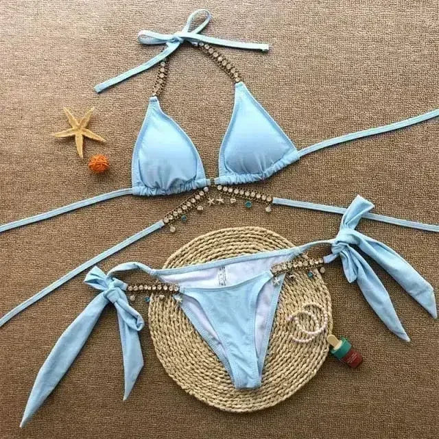 Diamond bikini Sexy push up halter swimsuit female crystal swimwear - Femstylo