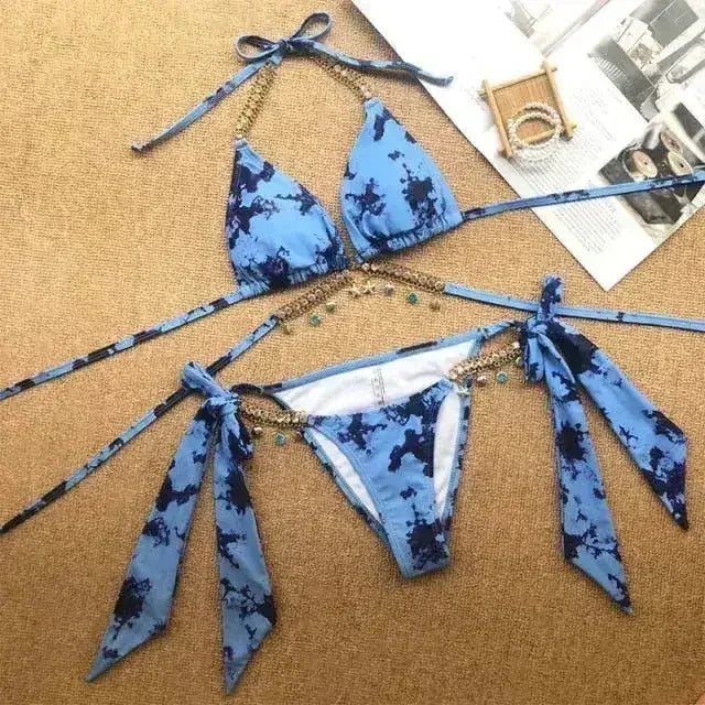 Diamond bikini Sexy push up halter swimsuit female crystal swimwear - Femstylo