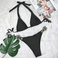 Diamond bikini Sexy push up halter swimsuit female crystal swimwear - Femstylo