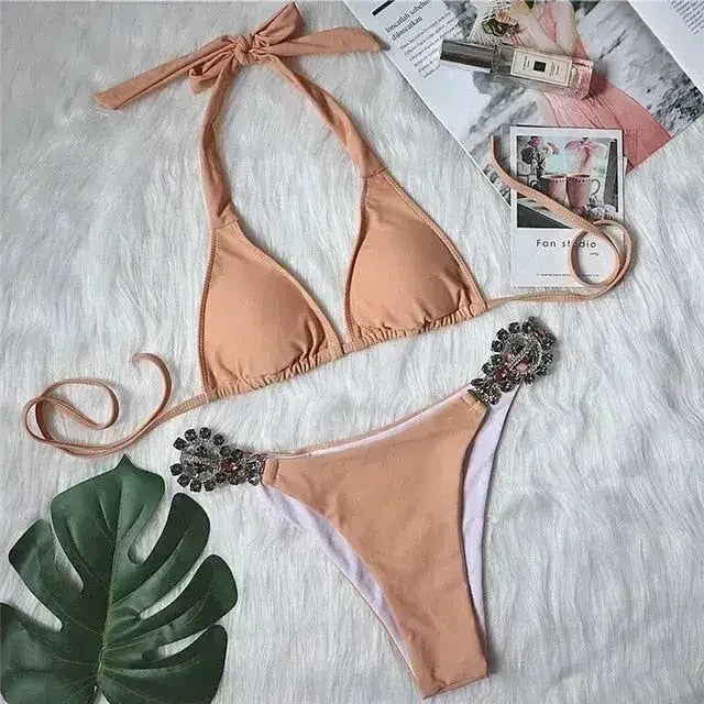 Diamond bikini Sexy push up halter swimsuit female crystal swimwear - Femstylo