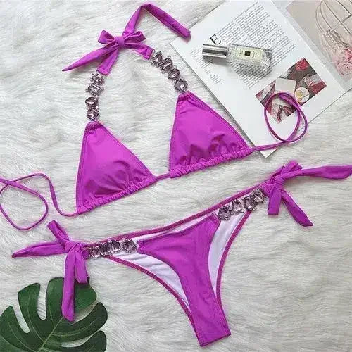 Bikini Sexy push up Crystal swimsuit female Halter swimwear women Knot - Femstylo