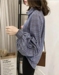 Women Loose Fit Plaid Shirt w/Bell Sleeves - Blue | Femstylo - Femstylo