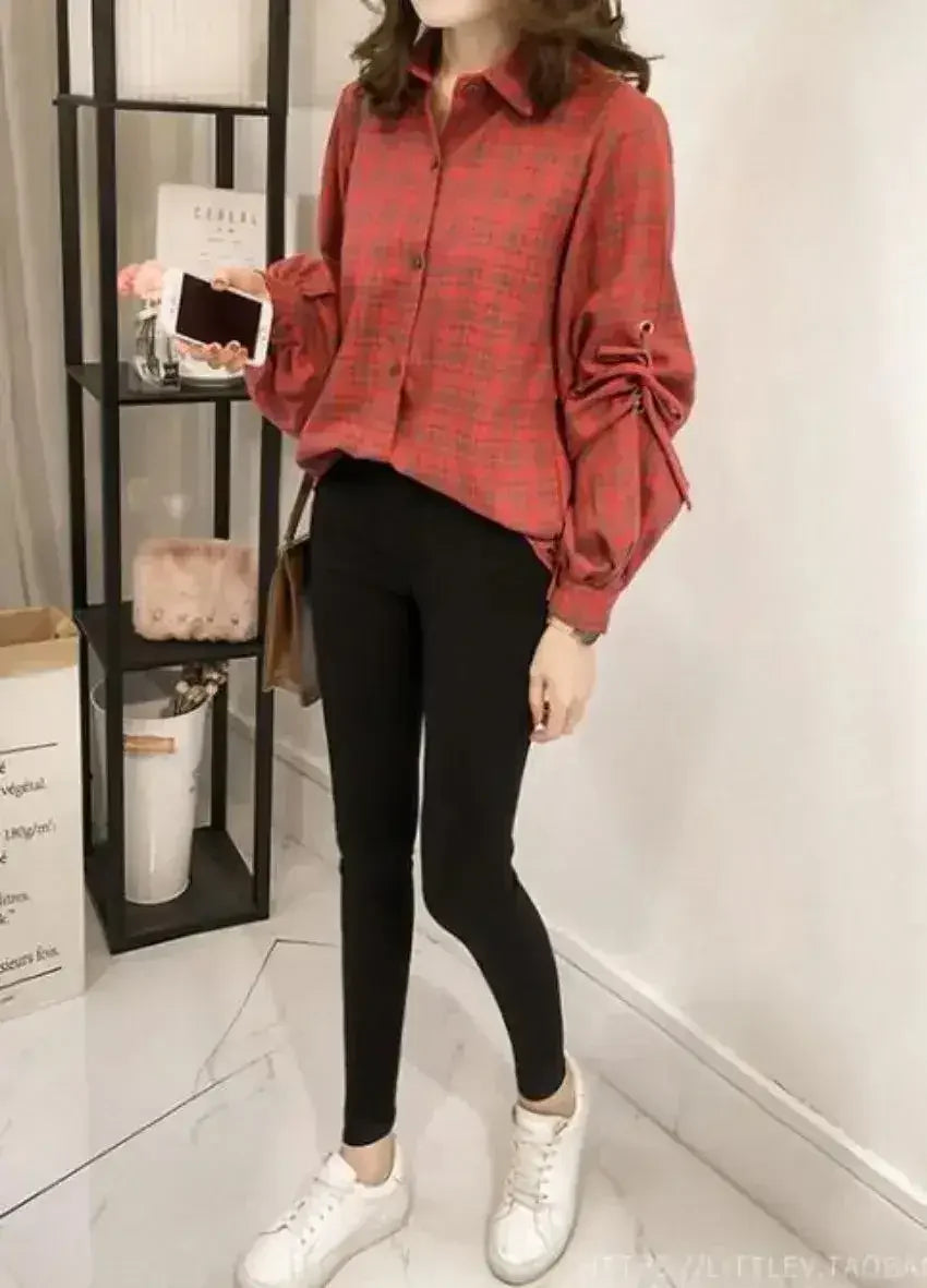 Women Loose Fit Plaid Shirt w/Bell Sleeves - Blue | Femstylo - Femstylo