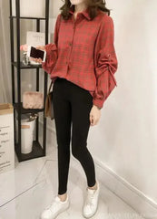 Women Loose Fit Plaid Shirt w/Bell Sleeves - Blue | Femstylo - Femstylo