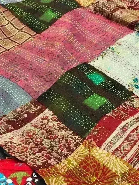 Vintage Silk Saree Kantha throw - Hand Stitched Upcycled - Femstylo