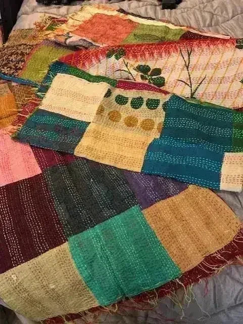 Vintage Silk Saree Kantha throw - Hand Stitched Upcycled - Femstylo
